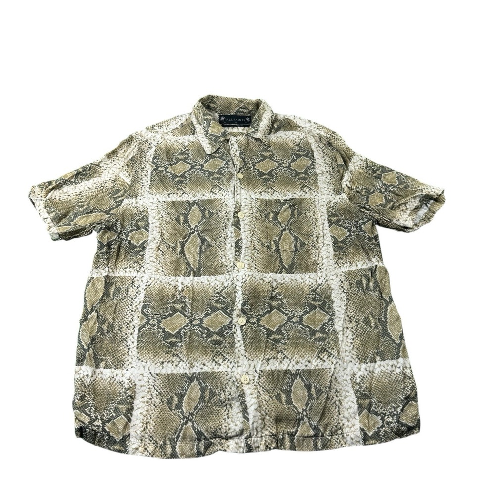 AllSaints Green Snakeskin Viscose Short Sleeve Button Front Shirt Mens Medium